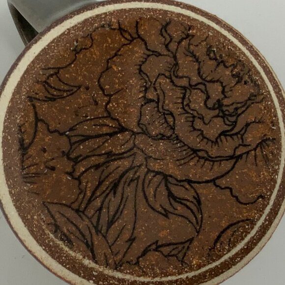 Rafe Bouchard Pottery Large Clay Swirl " DAMN " Mug Peony Flower Design Bottom - Picture 9 of 9